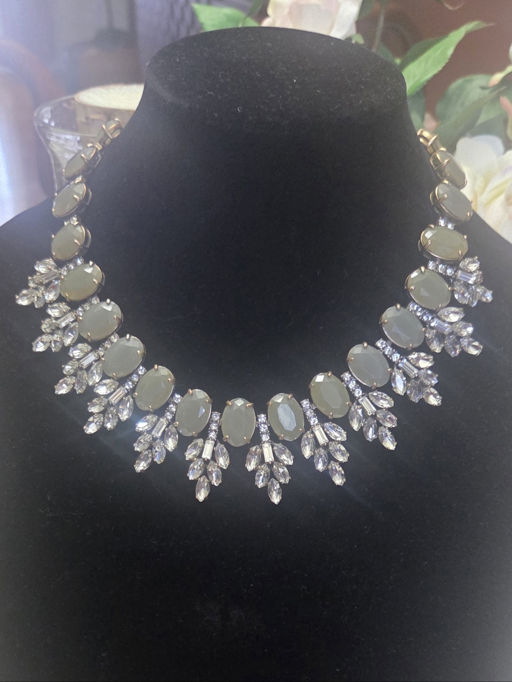 Elegant Vintage  Green Stone and Crystal Statement Necklace J.crew